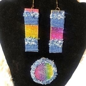 Tasty Raw Edge Denim "Rainbow Sherbert" Earrings & Necklace Pendant Set